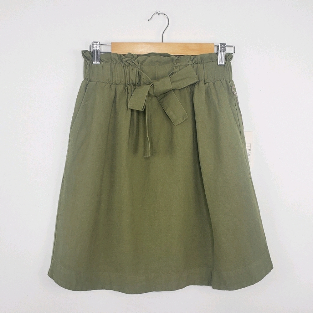 NWT Olive Linen Blend Paperbag Skirt w/ Pockets